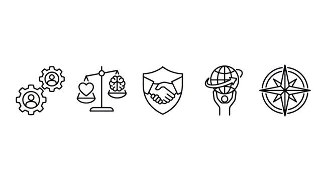Global business ethics and corporate values line icons.