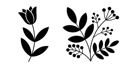 Black silhouette vector icons of a simple tulip flower and a branch with leaves and berries for decorative design elements isolated on a plain white background Vector, illustration © Raj Creator