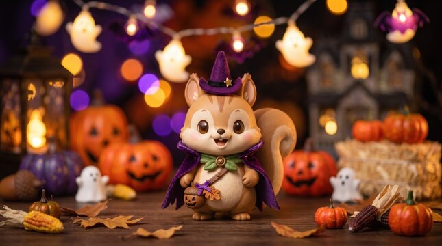 Charming squirrel figurine in a festive halloween setting with colorful decorations and vibrant pumpkins