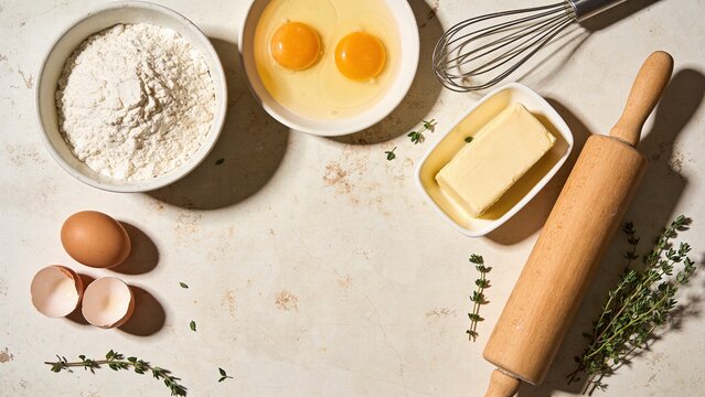 Top view of baking ingredients on a light background featuring flour, eggs, butter, rolling pin, whisk, and fresh herbs with copy space.