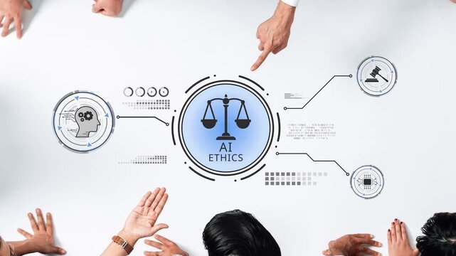 A collaborative discussion on AI ethics, featuring diverse hands pointing towards visual symbols of justice and technology, highlighting modern challenges in ethical decision-making. Raster