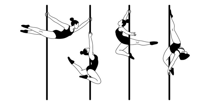 Set of four athletic women performing various pole dance moves and artistic fitness poses in black and white line art style for sports and dance design Vector, illustration