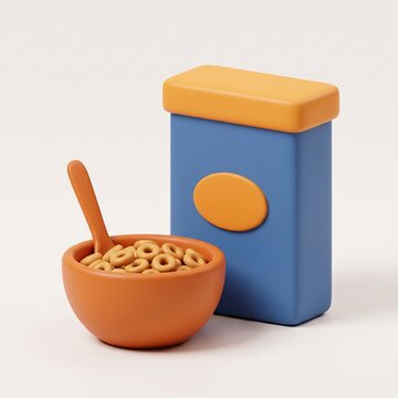 3D icon of cereal box and bowl with spoon full of cereal breakfast nutrition isolated minimalist