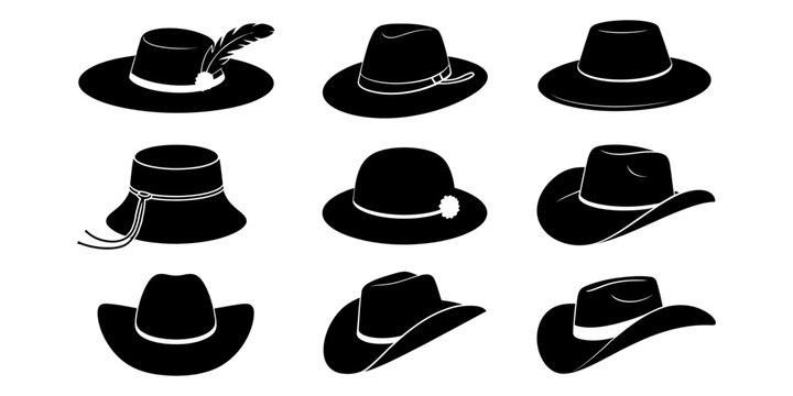 Set of various black fashion hats including cowboy hats fedoras and wide brim hats with feathers and ribbons isolated on a clean white background design Vector, illustration