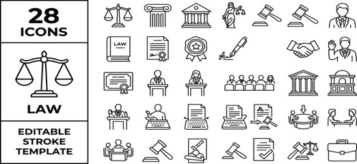 Fototapeta premium Legal and compliance icon set. Law, audit, data privacy, policy governance, regulatory, regulations icons. Thin line editable stroke vector illustrations.