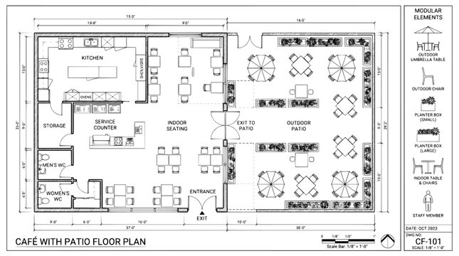 Architectural cafe floor plan with outdoor patio, restaurant blueprint with modular elements, professional interior layout for dining business