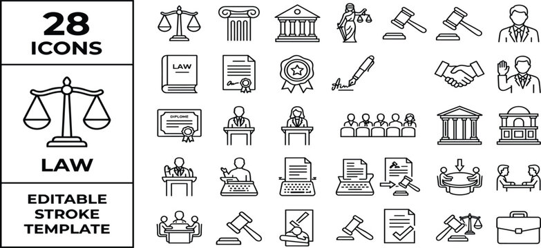 Legal and compliance icon set. Law, audit, data privacy, policy governance, regulatory, regulations icons. Thin line editable stroke vector illustrations.