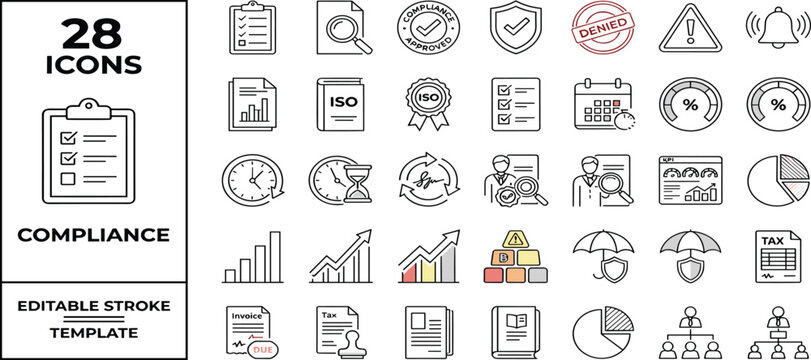 Legal and compliance icon set. Law, audit, data privacy, policy governance, regulatory, regulations icons. Thin line editable stroke vector illustrations.