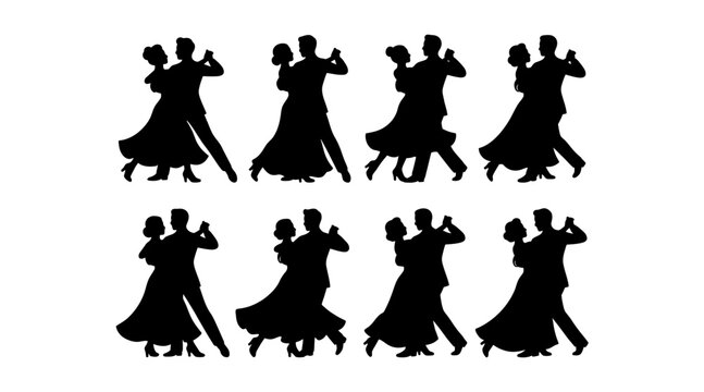 Silhouette couple dancing waltz in elegant poses isolated on transparent background, Vector