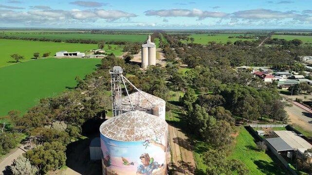 Bute Art Silo, South Australia &ndash; 4K aerial drone view of painted grain silo, silo art, public artwork, rural township, residential neighbourhoods, Yorke Peninsula and Australian countryside