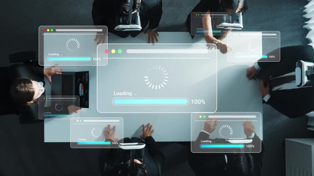 Group of diverse professionals collaborating in a modern workspace using virtual reality technology and digital interfaces for innovative solutions Gluon.