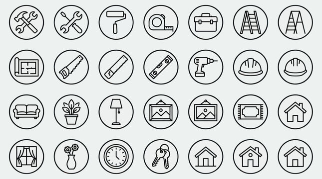 Home improvement and construction tool circle icon collection