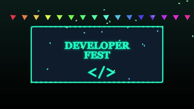 Developer fest event announcement motion with neon coding symbols and festive confetti celebration animation 4k