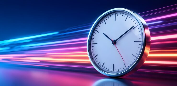 Modern wall clock moving fast with bright neon light trails for speed and urgent delivery concept