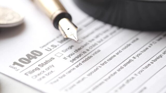 Close-up cinematic footage of form 1040 for US Individual Income Tax Return with a fountain pen and coins on a white table