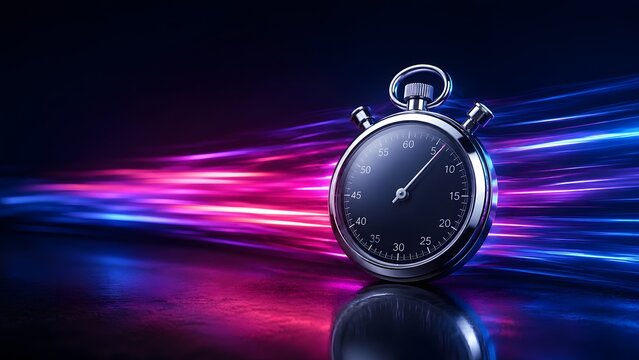 Classic stopwatch moving fast with colorful neon light trails illustrating rapid speed and urgent deadlines