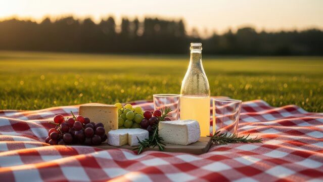 A delightful picnic spread with cheese, grapes, and wine in a sunny field