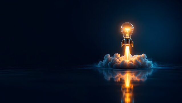 Creative light bulb shaped as a launching rocket with fire and smoke for fast startup business innovation