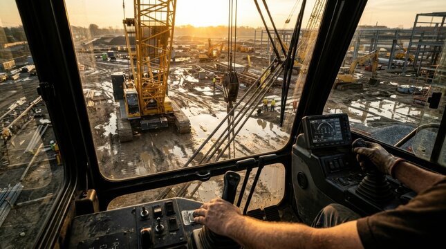 Inside Cab Of Large Crane On A Construction Site During Golden Hour Evening Light