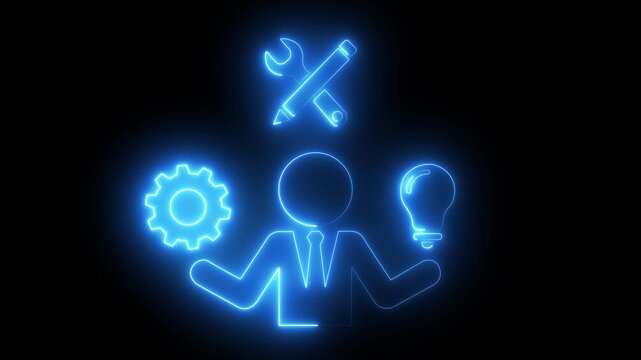 Neon business concept animation: innovation, strategy, and technical problem solving