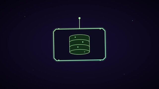Digital database server animation with glowing neon hud interface for technology and cloud computing concepts 4k