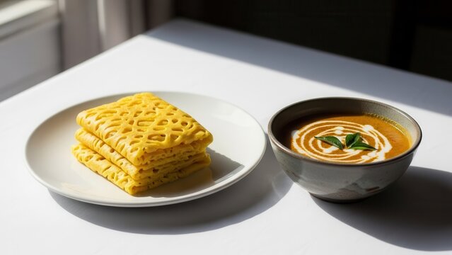 Roti Jala Stacked on Plate Beside Savory Soup