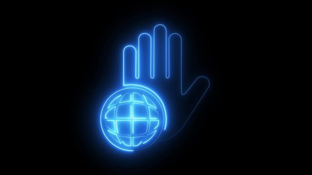 Neon blue glowing hand and globe animation for global connectivity and technology concepts