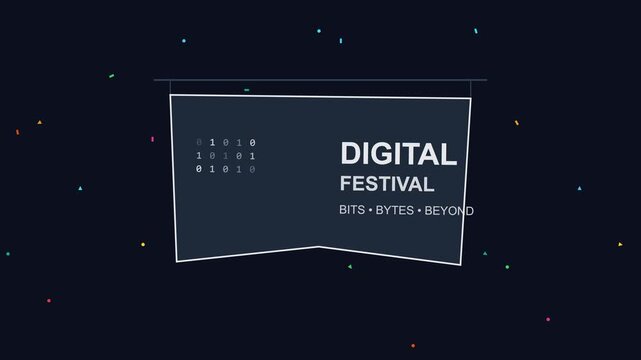 Digital festival bits bytes beyond motion animation 4k background, with binary code, and floating confetti, for tech events