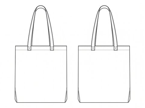 Classic canvas tote bag technical flat sketch front and back view with sturdy double shoulder straps