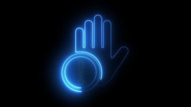 Neon glowing hand stop sign with exclamation mark warning animation