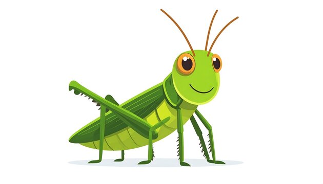 Cute cartoon green grasshopper with antennae.