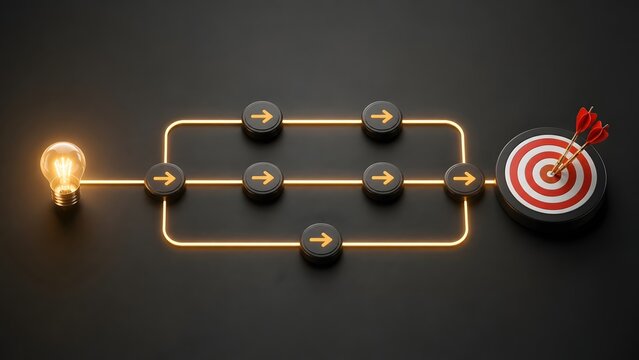 Glowing lightbulb connecting through process flow chart to a target with darts for business strategy