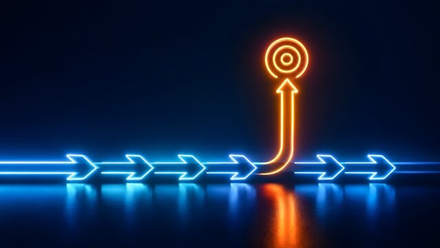 Glowing neon arrows showing one turning upward and changing to orange to hit a target demonstrating a bold strategic pivot and digital success.