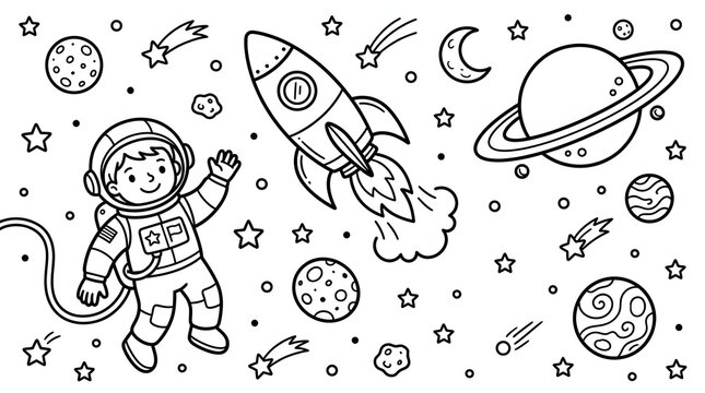Space rocket coloring page with planets and stars, perfect for kids interested in space exploration.