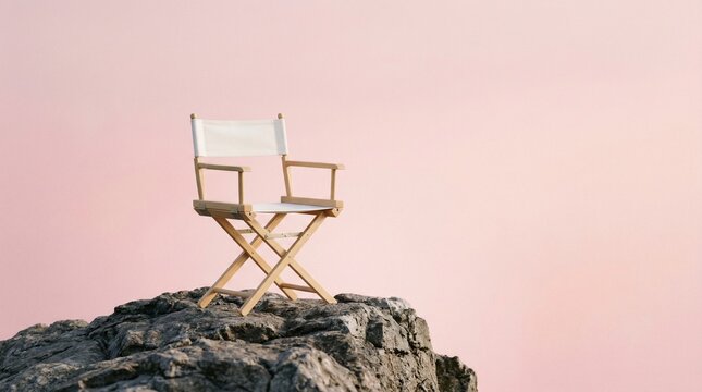 Empty Wooden Directors Chair Perched Atop A Rugged Mountain Peak Against A Soft Pastel Pink Sky Background