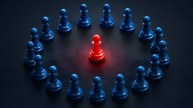 Red chess pawn surrounded by a circle of blue pawns illustrating the center of attention and core business leadership strategy