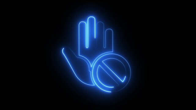 Neon glowing hand stop sign animation for security and restriction concepts