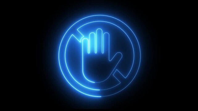 Glowing neon stop sign symbol with pulsing blue light effect on black background