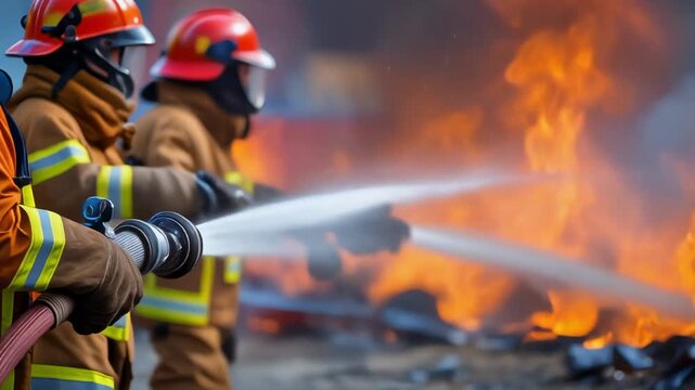 Firefighters battling intense flames with powerful hoses during a dramatic fire rescue operation