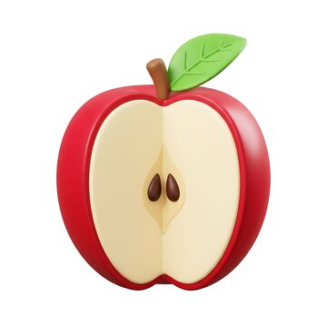 3D icon of red apple sliced in half showing seeds and core with illustration nutrition vegetarian culinary