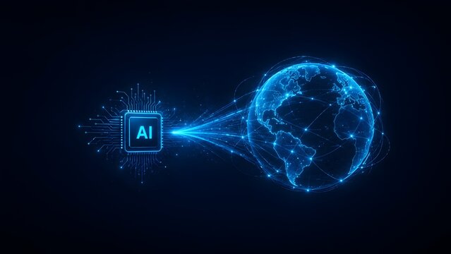 Glowing artificial intelligence computer chip beaming digital data to a holographic earth globe illustrating powerful global AI networks