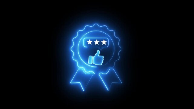 Glowing neon badge with three stars and thumbs up for customer satisfaction and rating