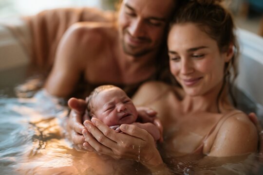 Newborn baby cradled in loving hands during a warm water birth for natural maternity and holistic birthing campaigns