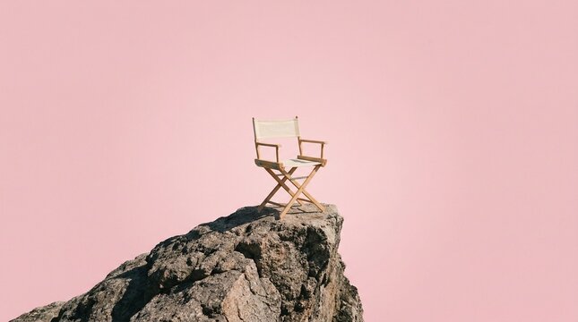 Miniature Director Chair Balanced on a Rugged Rock Peak Against a Pastel Pink Background Concept