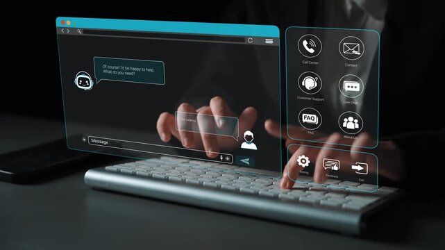Hands Typing on a Modern Transparent Keyboard with Virtual Communication Interface Displaying Messages and Support Options Sigmoid