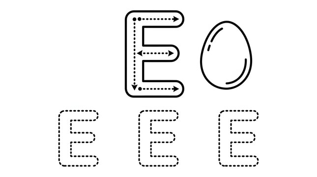 Letter E tracing worksheet with egg illustration, designed for kids to practice handwriting and early alphabet recognition skills.