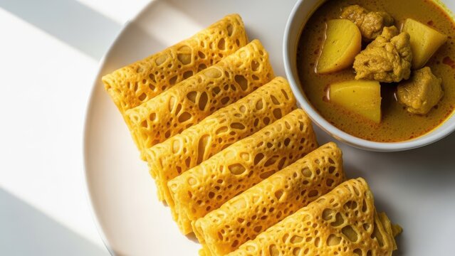 Golden Roti Jala Net Crepes with Curry Sauce