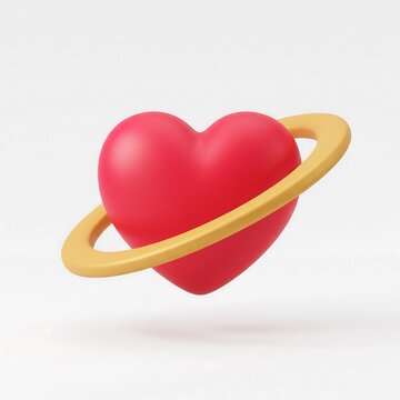 3D icon of a red heart shape orbiting with a golden yellow ring resembling a planet astronomy isolated