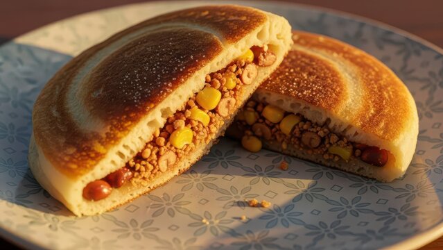 Fluffy Apam Balik filled with corn and peanuts on a patterned plate