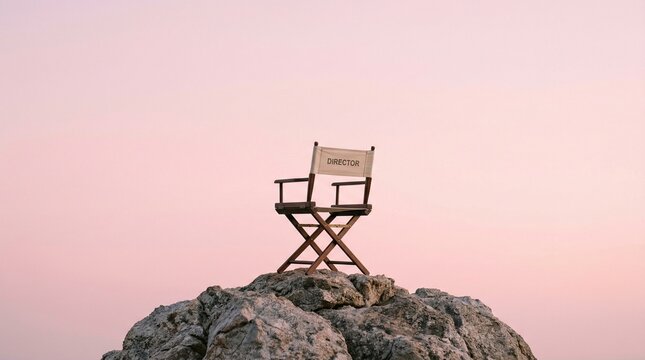 Cinematic Director's Chair Positioned on a Rocky Mountain Peak Against a Soft Pastel Sunset Sky for Creative Vision